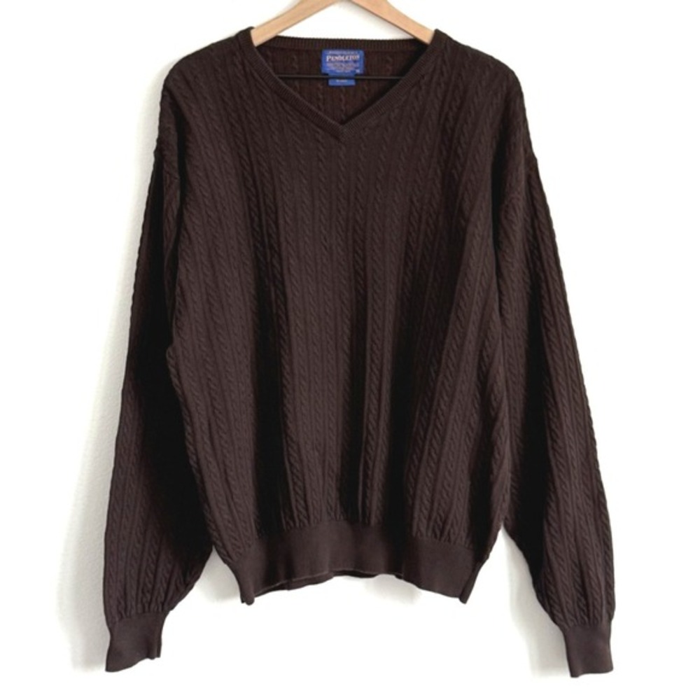 Pendleton Brown Cable Knit Sweater XL Grandpacore V-Neck Cotton Fall Pullover